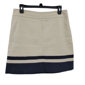 Ann Taylor Loft‎ Tan Burlap Textured Linen Blend Navy Striped A-line Skirt Sz 8